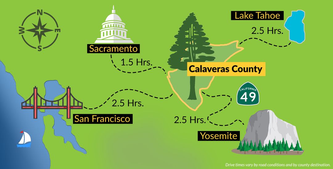 Calaveras is centrally located between San Francisco, Yosemit, Sacramento, and Lake Tahoe
